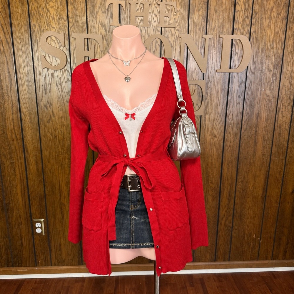 Red Ribbed Belted Cardigan NY Collection Women L Y2K Preppy Chic Minimalist 90s